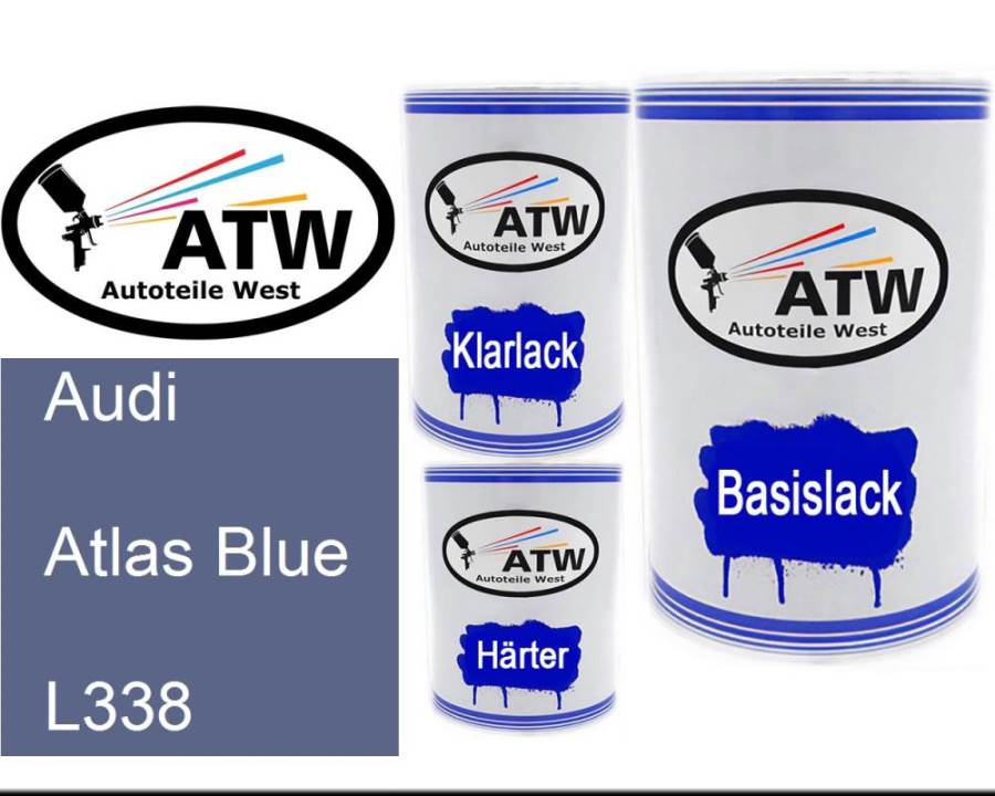 Audi, Atlas Blue, L338: 500ml Lackdose + 500ml Klarlack + 250ml Härter - Set, von ATW Autoteile West.